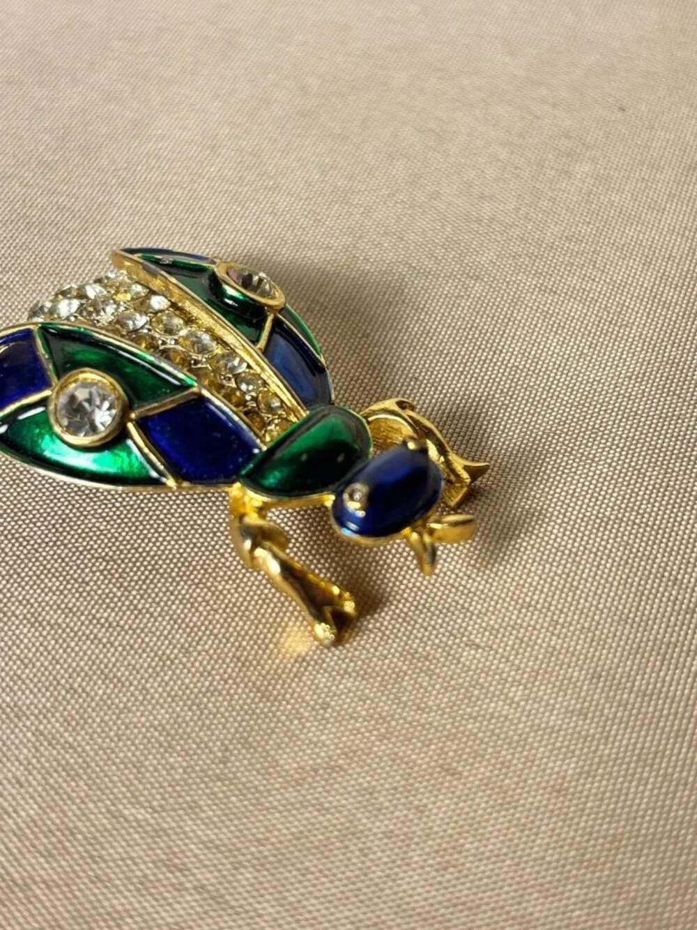 Vintage Gold Plated Green Blue Enamel Rhinestone Bug Brooch Pin Collectible A71 - Picture 5 of 8